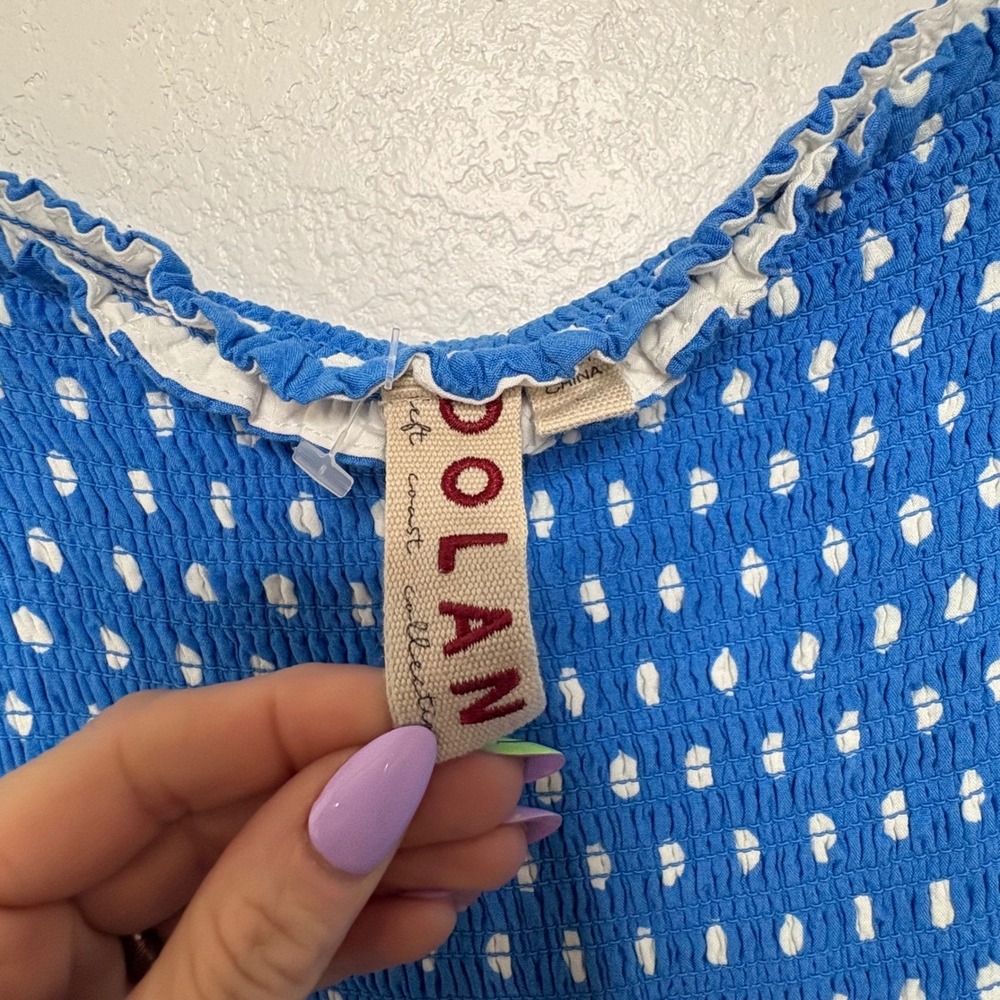 Dolan Anthropologie Collection Blue Polka Dot Smocked Tiered Dress Large - Picture 4 of 8